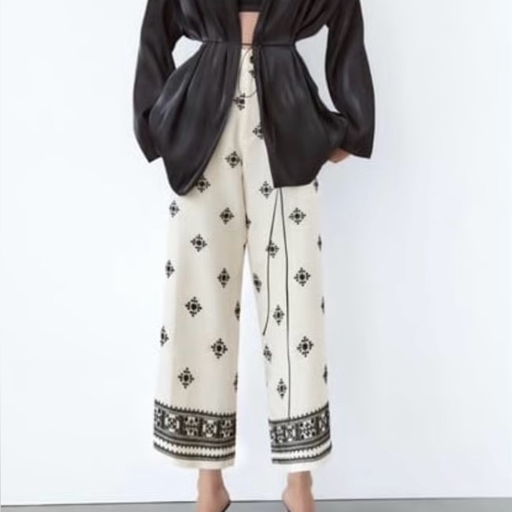 Zara Linen Blend White and Black Wide Leg Pants Size Xl New with tags $70 Retail - Picture 5 of 7